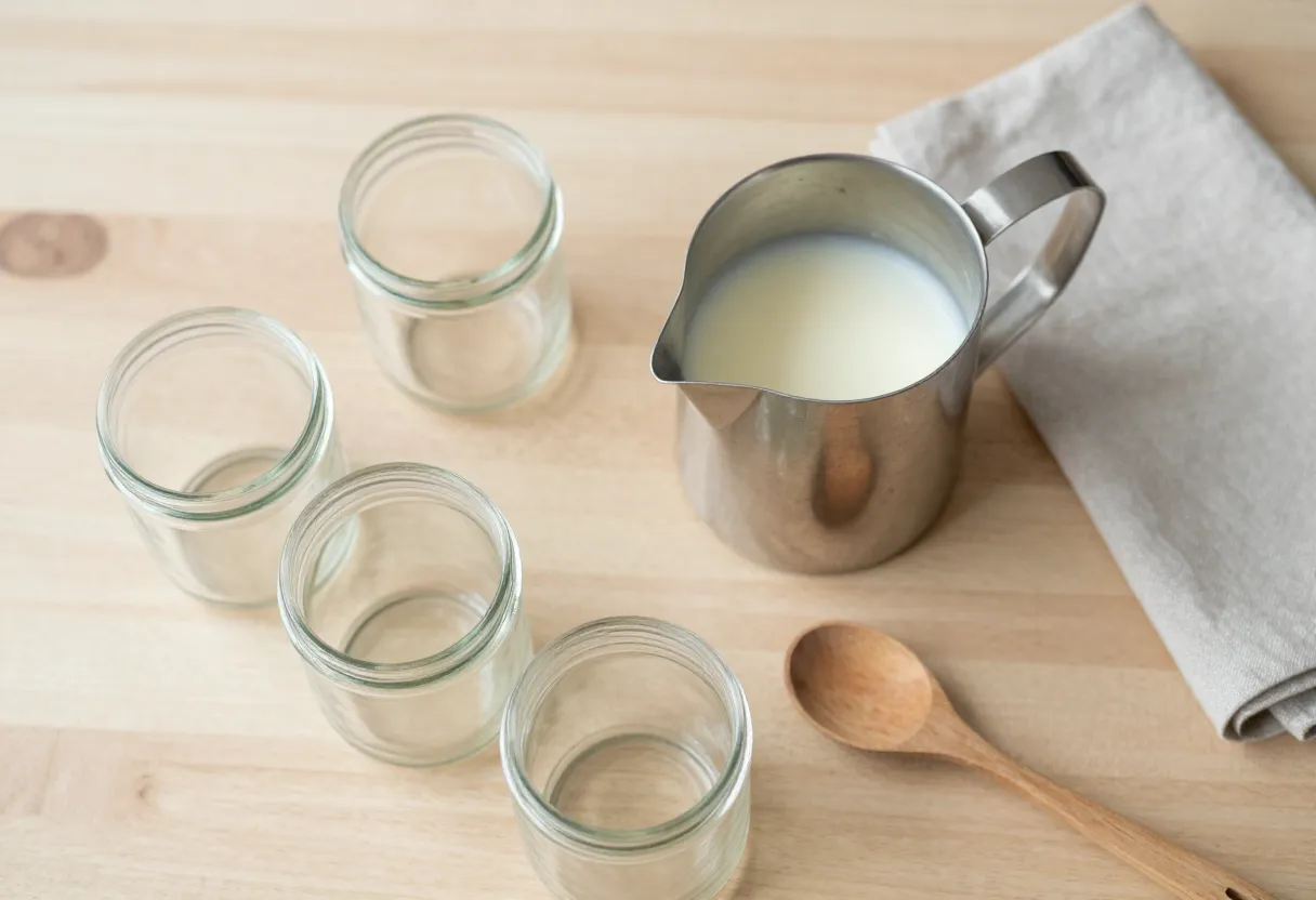 A wooden workbench with a stainless steel pouring pitcher of melted cream wax, four empty glass jars, a wooden spoon and a linen cloth