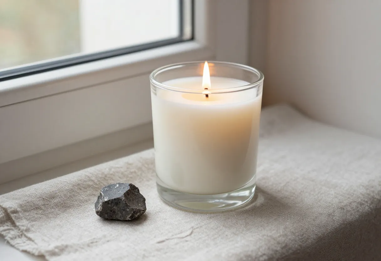A cream soy wax candle burning in a glass jar beside a piece of flint stone on linen