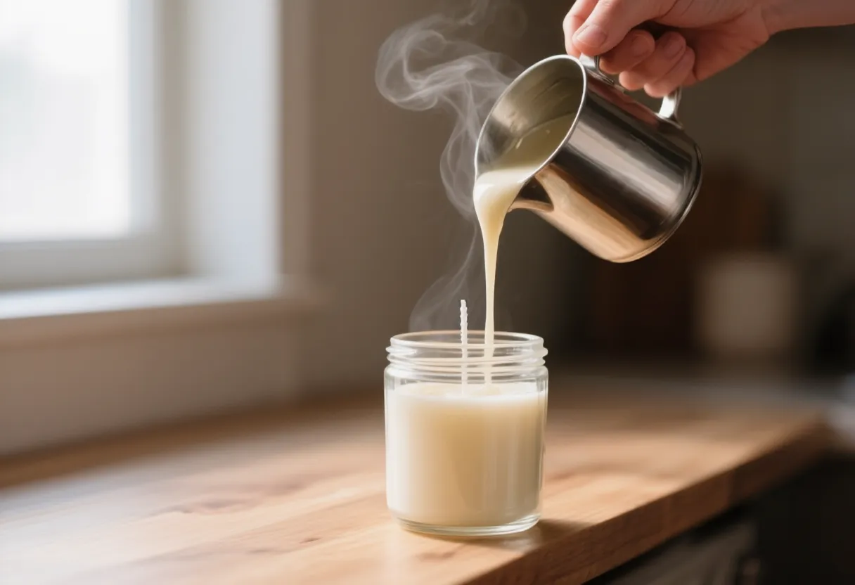 A hand pouring melted cream wax from a stainless steel pitcher into a glass jar with a white cotton wick standing in the center