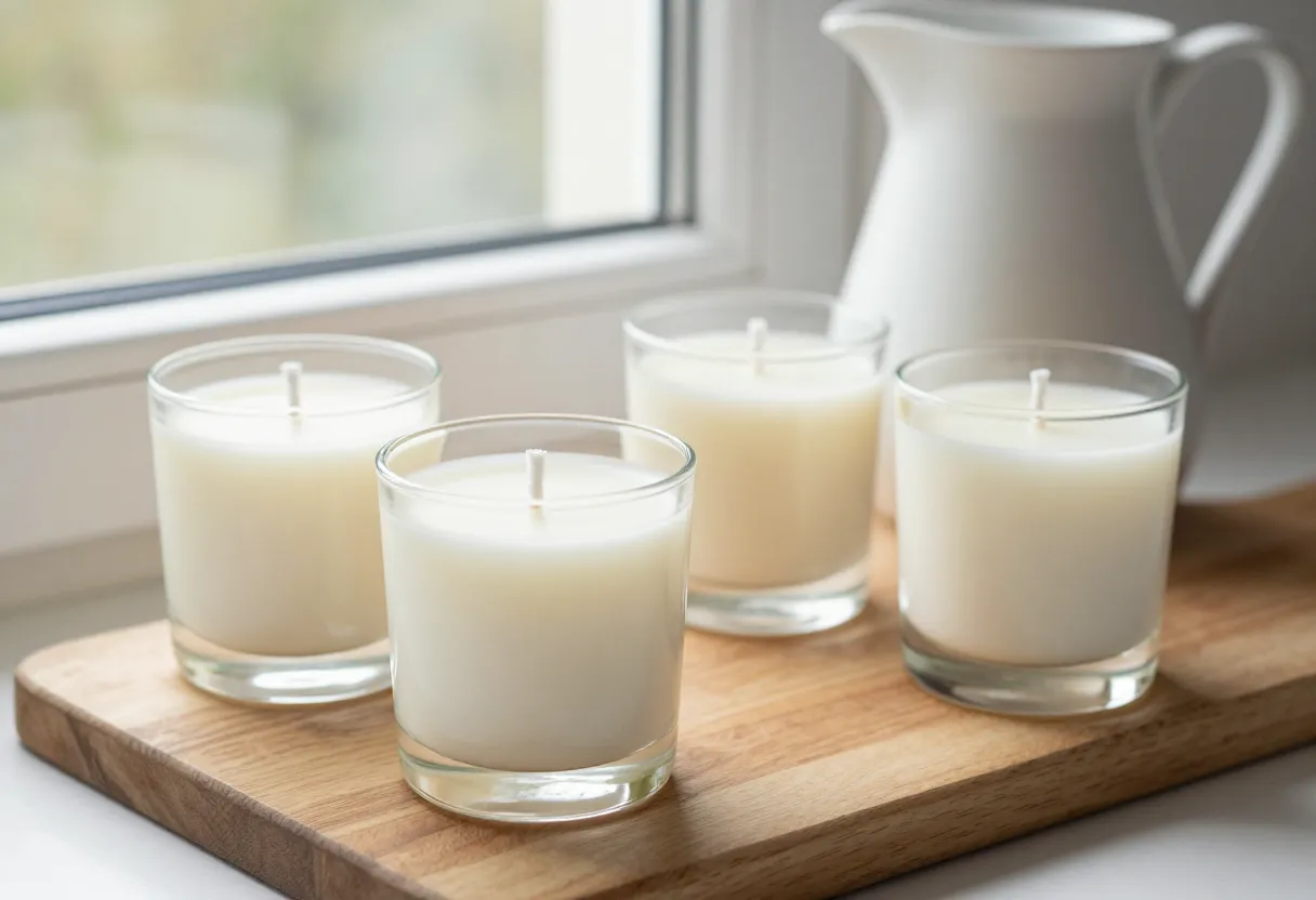 Four cream wax candles in clear glass jars with short trimmed wicks, resting on a wooden board beside a window